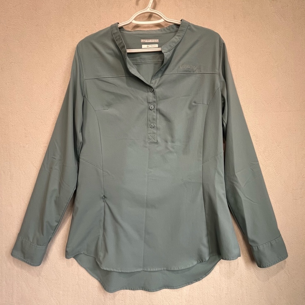 Columbia UPF Sun Protection Shirt Sz M Coastal Blue Tab Sleeve Anti-microbial